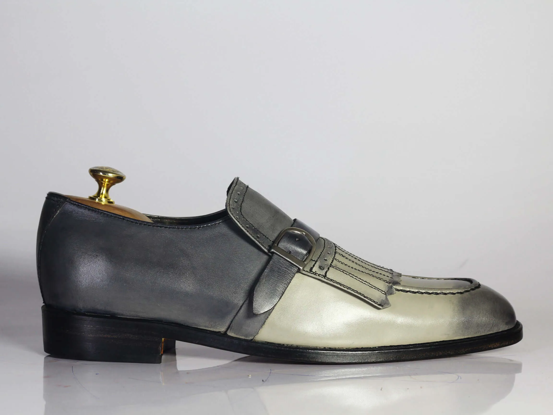 Bespoke Gray Fringes Monk Strap Shoes, Men's Handmade Leather Suede Dress Shoes
