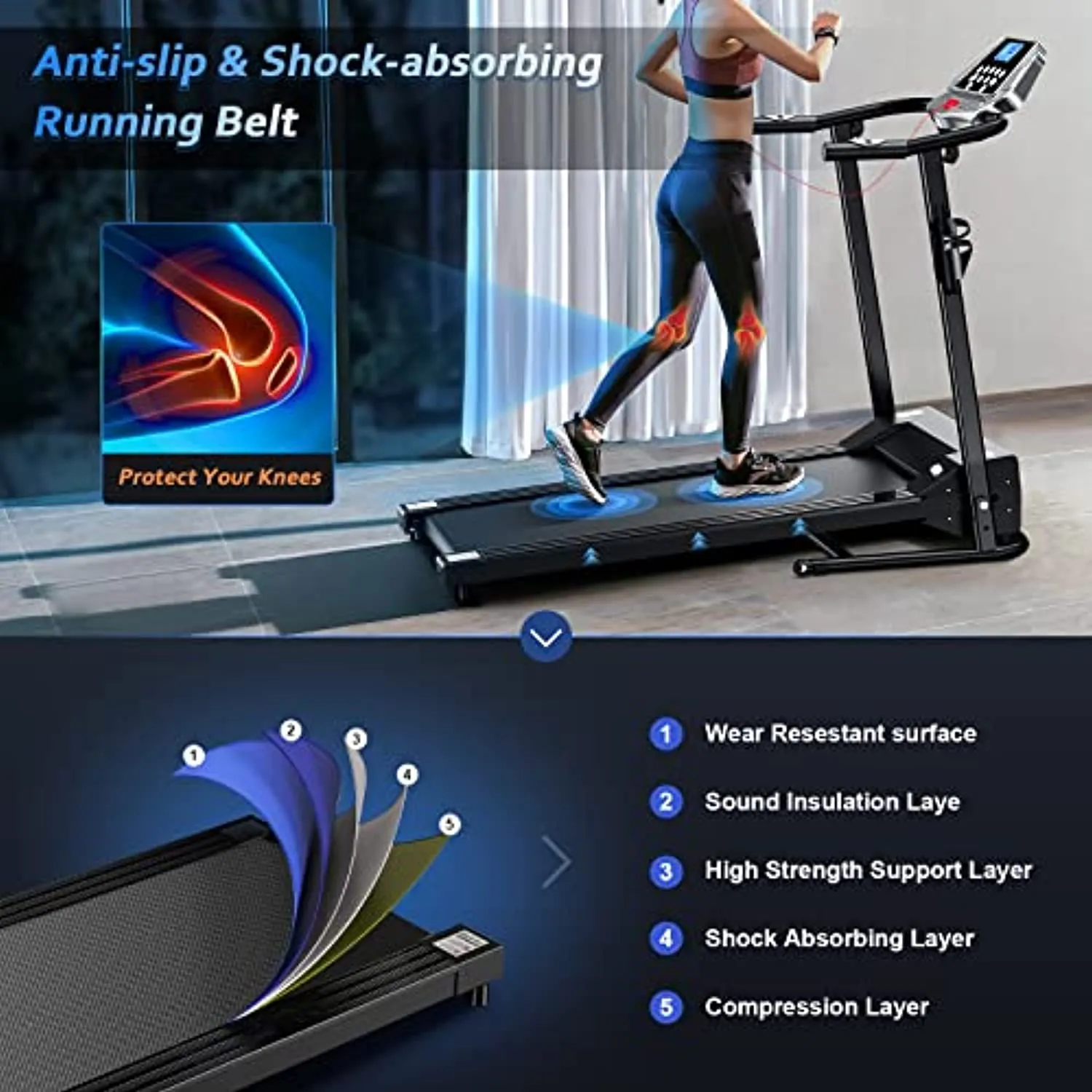 Foldable Treadmill Electric Running Machine: Folding Walking Pad 12 Program Portable Compact Quiet Jogging Run Treadmills for Home Apartment Commercial Small Spaces Adult Seniors Obese People Exercise