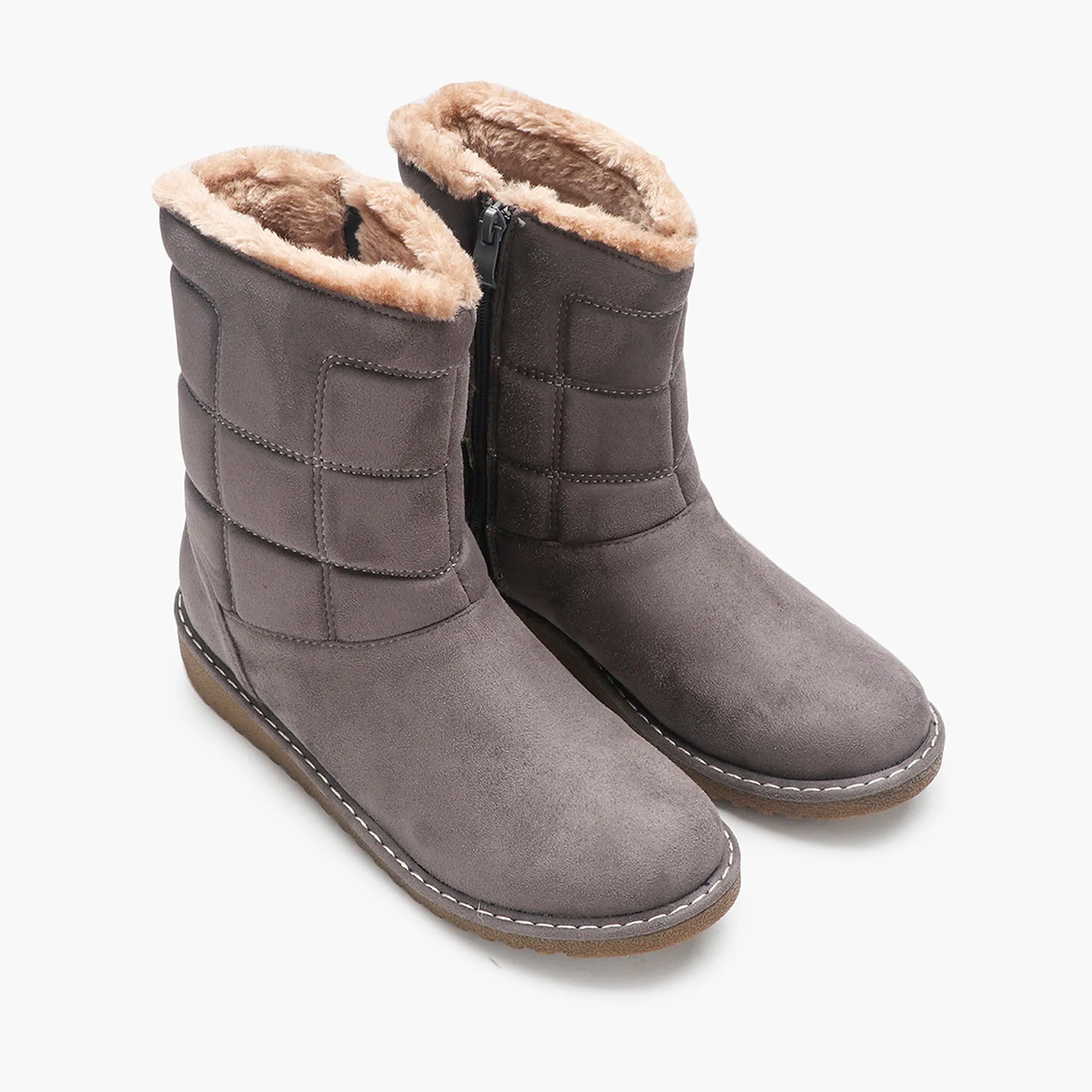 Fur Top Zipper Suede Boots
