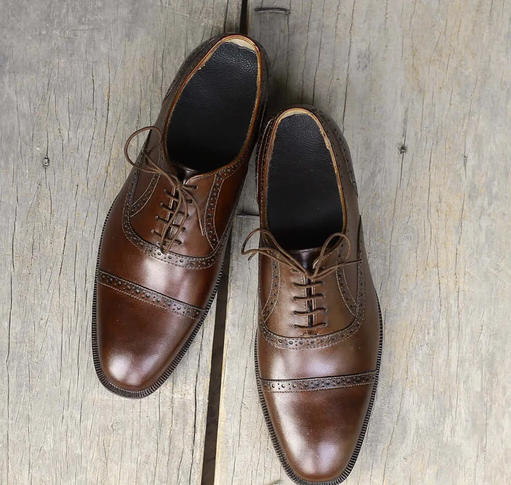 Handmade Men's Dark Brown Cap Toe Leather Lace Up Shoes, Men Designer Dress Formal Luxury Shoes