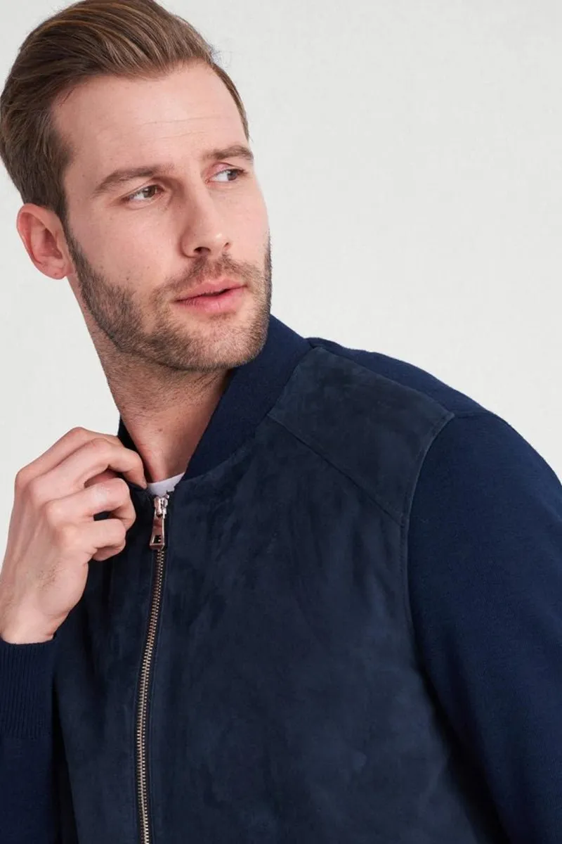 Marco Men's Suede Bomber Jacket - Navy Blue