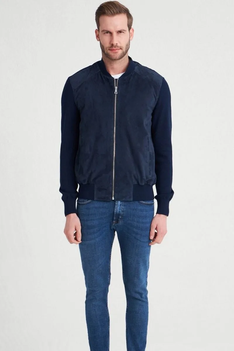 Marco Men's Suede Bomber Jacket - Navy Blue