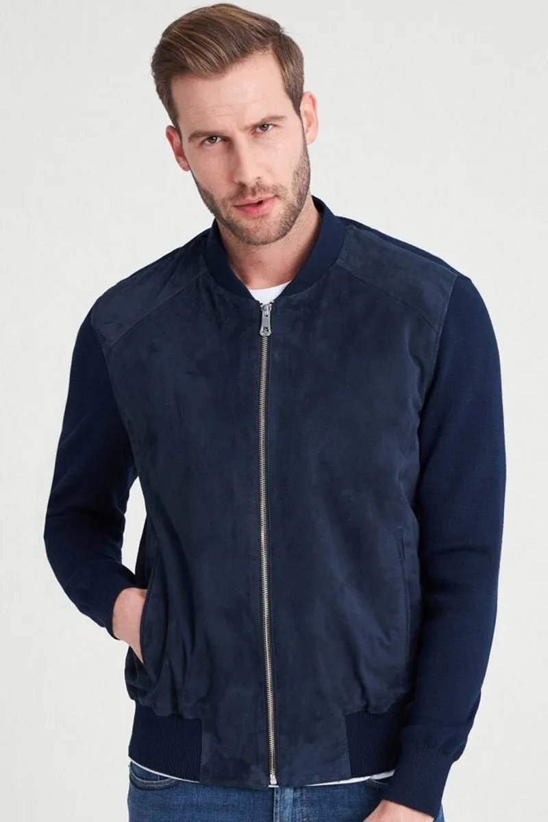Marco Men's Suede Bomber Jacket - Navy Blue