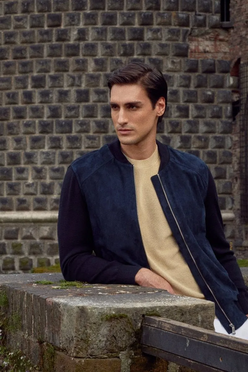 Marco Men's Suede Bomber Jacket - Navy Blue