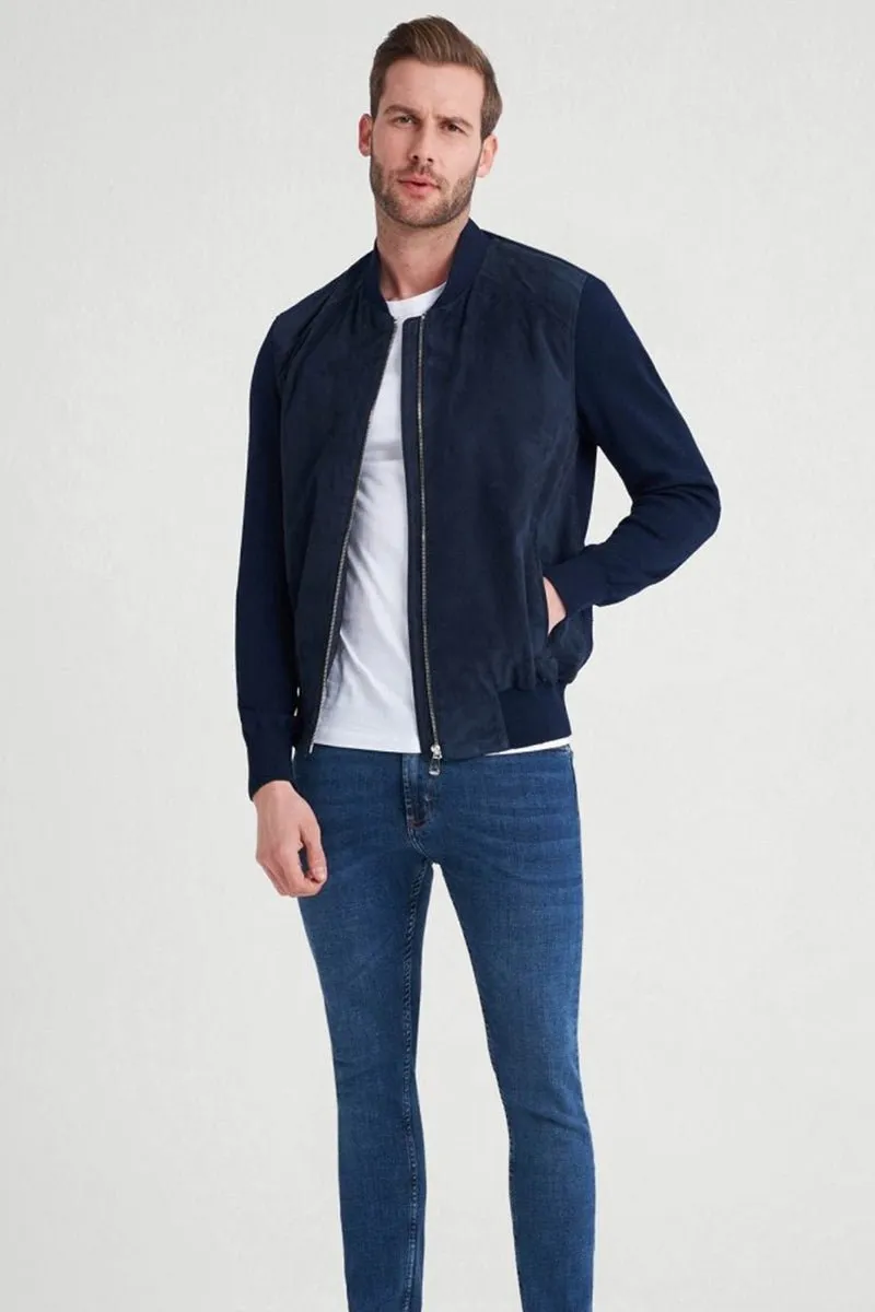 Marco Men's Suede Bomber Jacket - Navy Blue