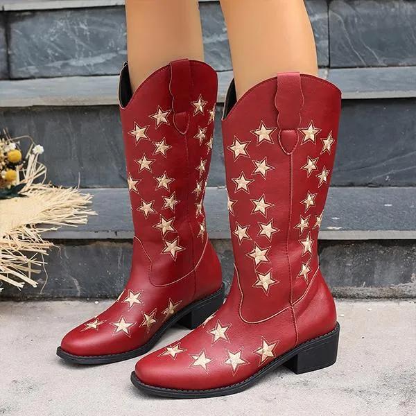 Women's Retro Star Block Heel Western Cowboy Boots 72784414S