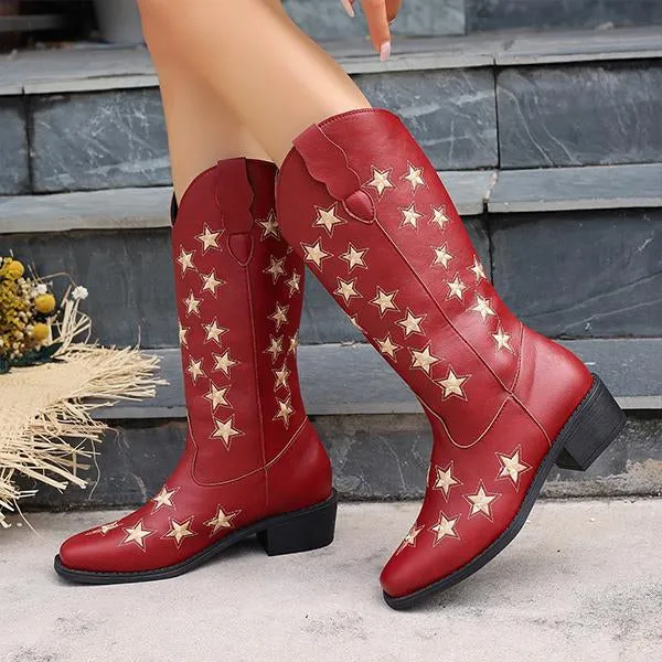 Women's Retro Star Block Heel Western Cowboy Boots 72784414S