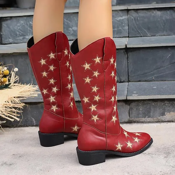Women's Retro Star Block Heel Western Cowboy Boots 72784414S